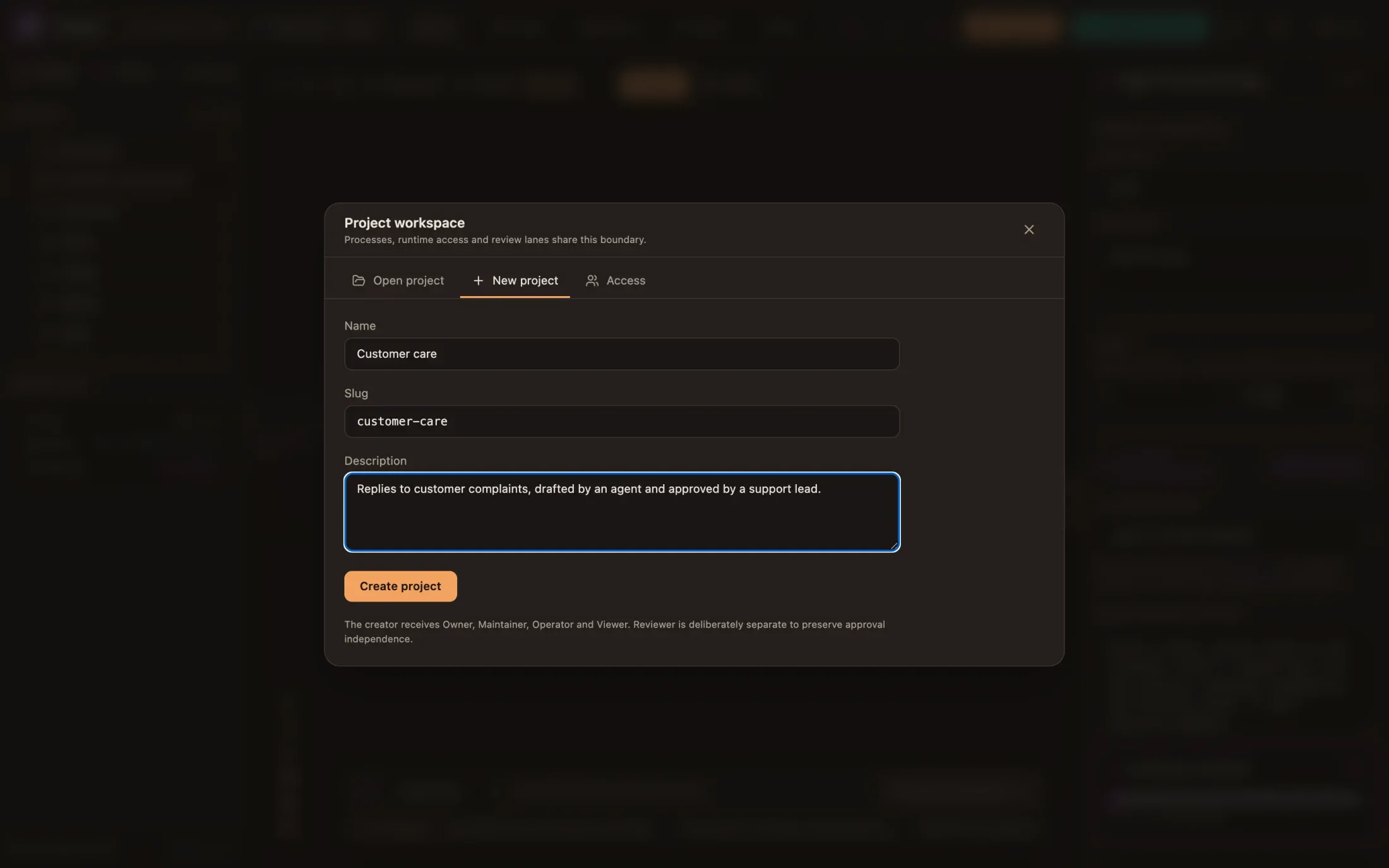 The New project tab of the project dialog, filled with “Customer care”