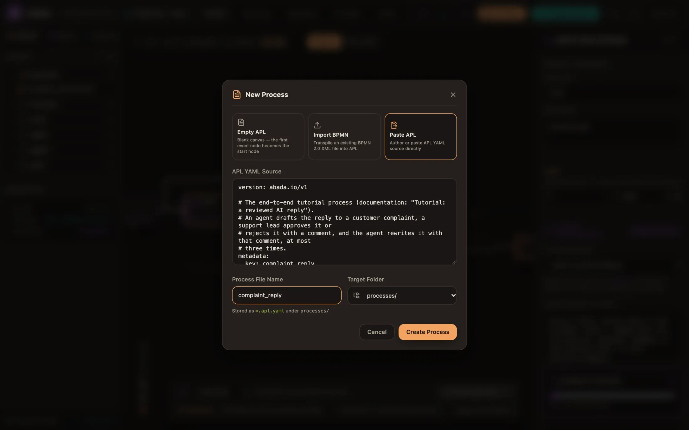 The New Process dialog with Paste APL selected and the document pasted