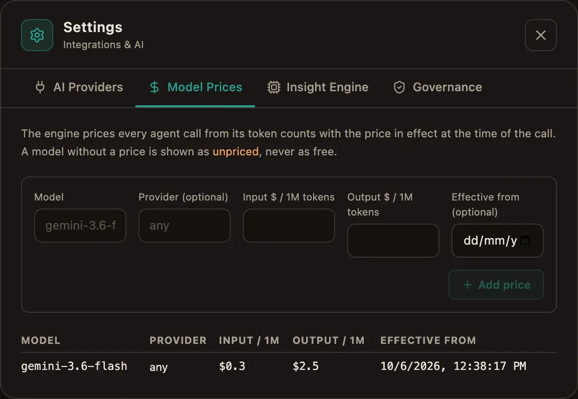 Settings, Model Prices: gemini-3.6-flash, any provider, 0.3 dollars input and 2.5 dollars output per million tokens