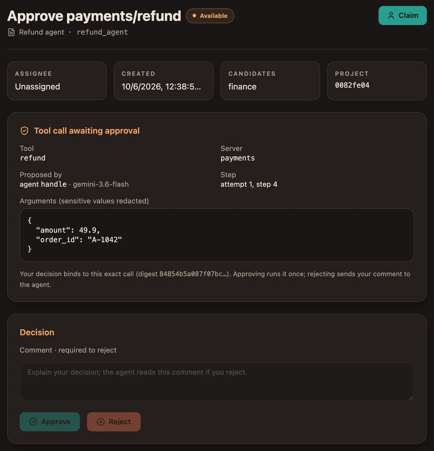 The approval task in bob’s inbox: the refund tool, its exact arguments and the digest the decision binds to