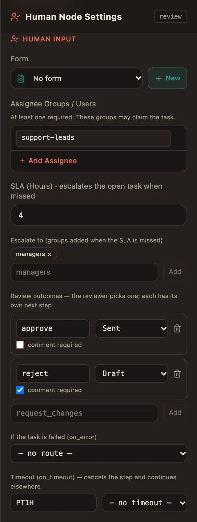 The Review inspector: support-leads, SLA 4 hours, escalate to managers, approve to Sent, reject to Draft with comment required