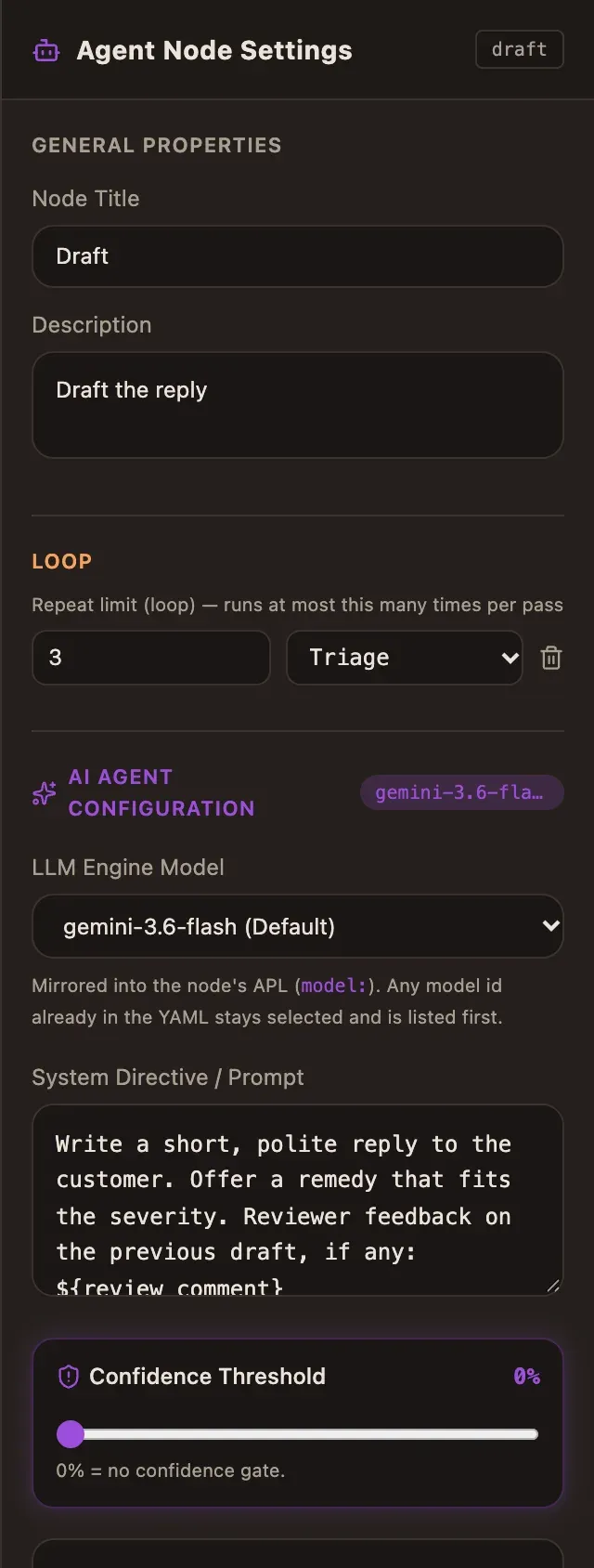 The Draft inspector: repeat limit 3 then Triage, model gemini-3.6-flash and the prompt
