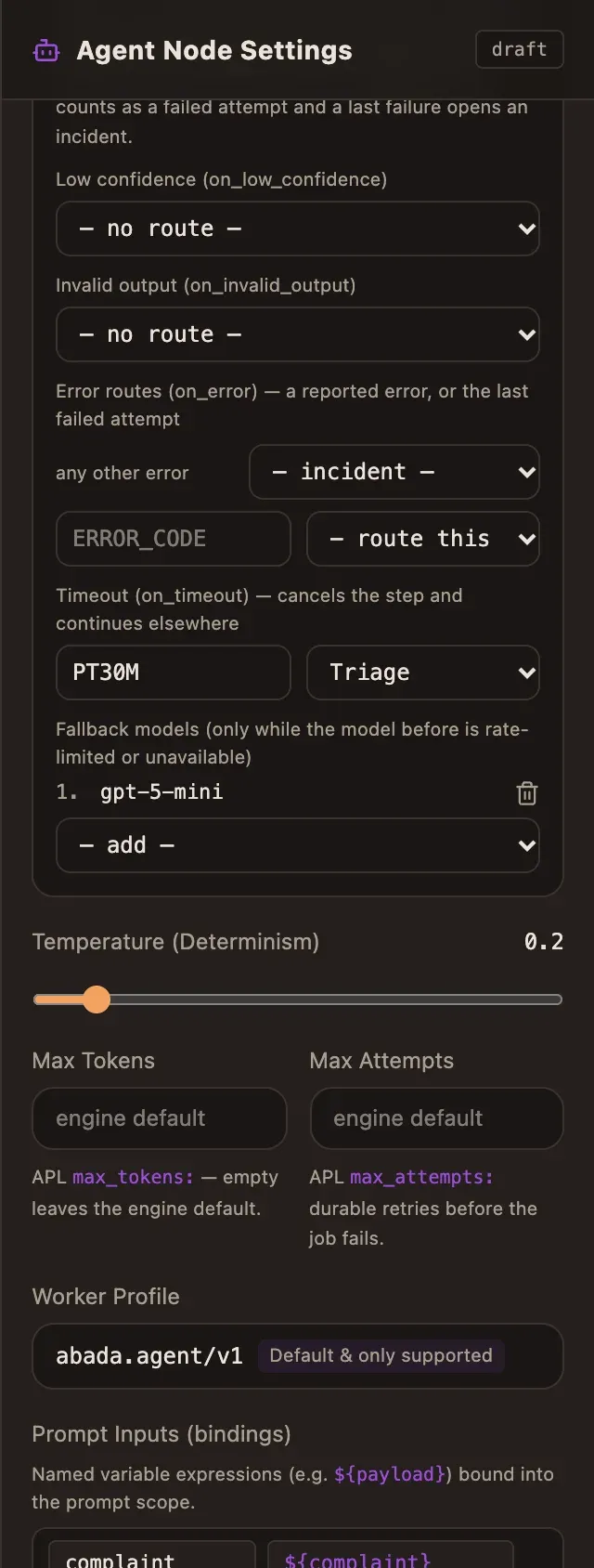 The Draft routes: timeout PT30M to Triage and the fallback model gpt-5-mini