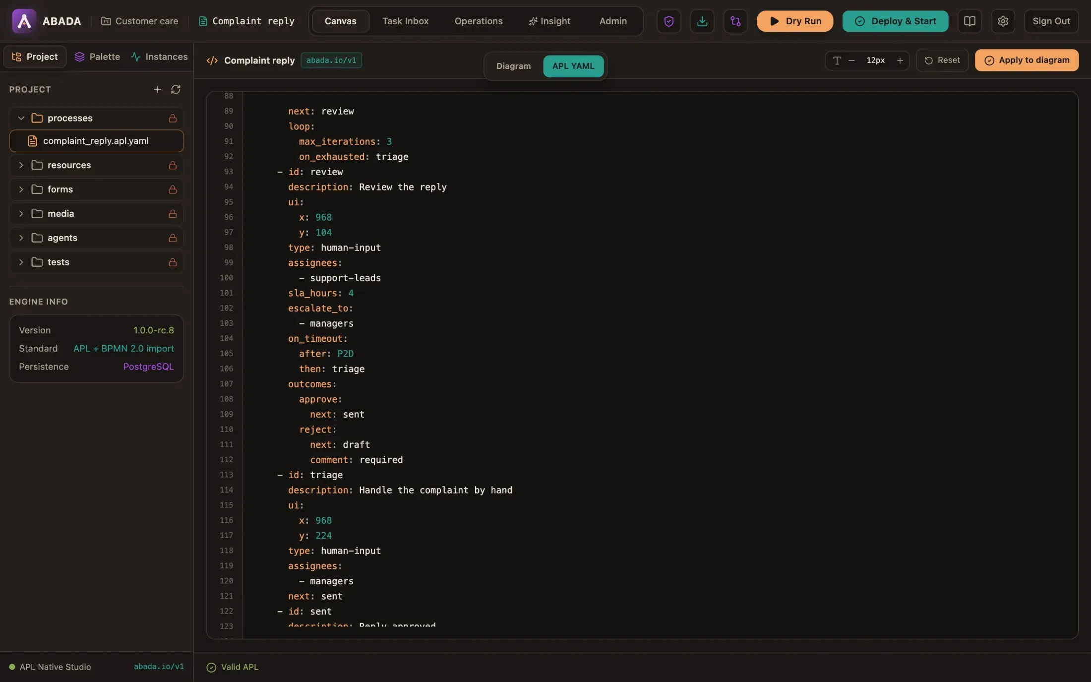 The APL YAML view showing on_timeout after P2D then triage on the review step, and Valid APL in the status bar
