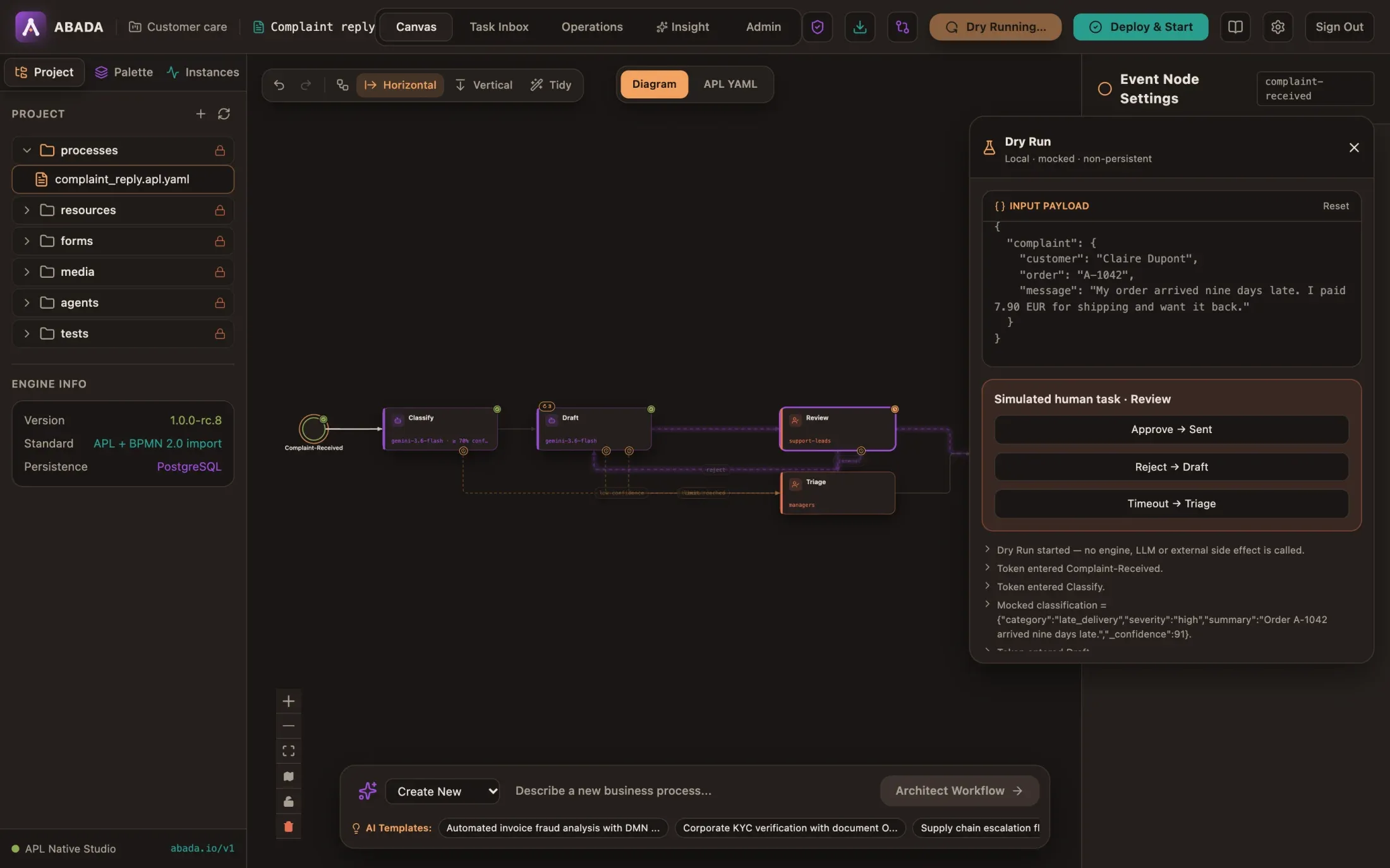 Dry Run stopped at Review with the buttons Approve → Sent, Reject → Draft and Timeout → Triage, and the run log