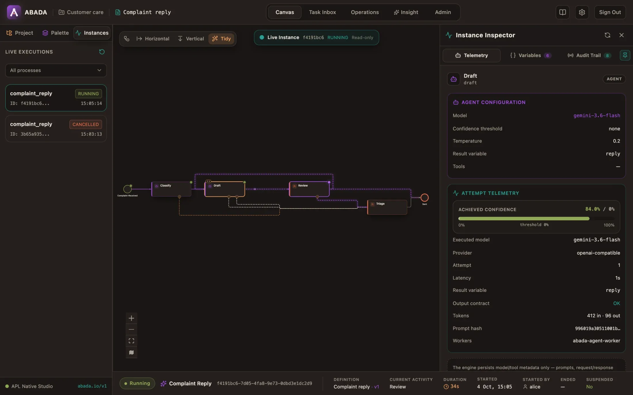 The live instance waiting at Review, with the Draft attempt telemetry: model, provider, latency, output contract OK and tokens