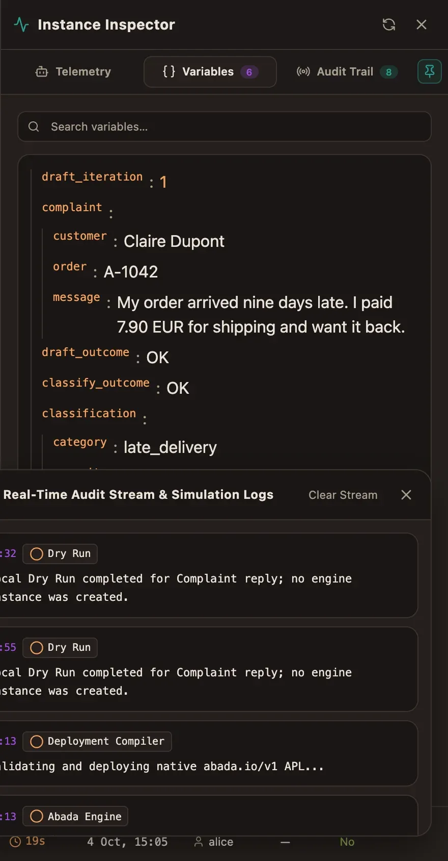 The instance variables: classification and the first draft of the reply
