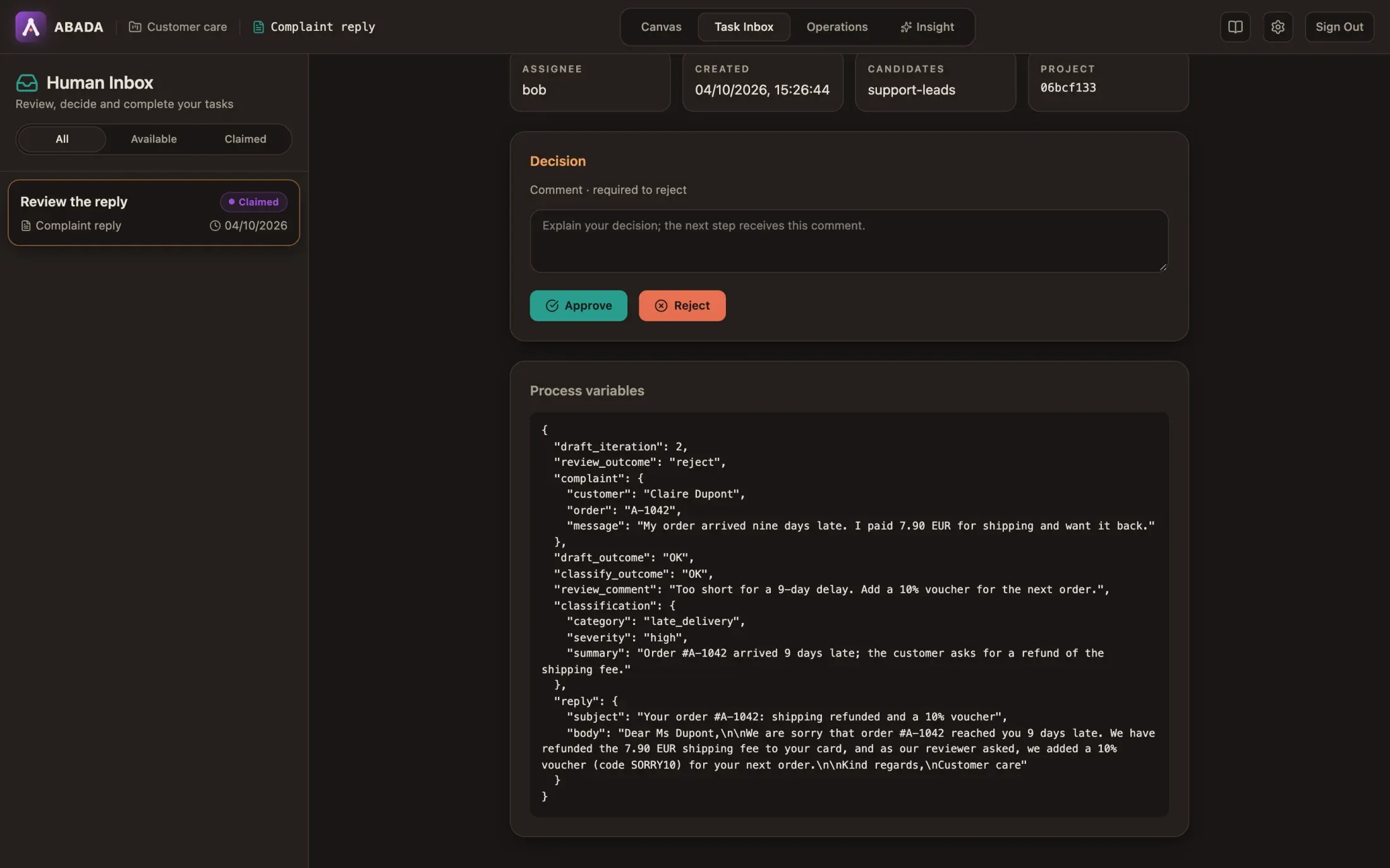 The second review task: draft_iteration 2, review_outcome reject, review_comment, and a reply that adds a 10% voucher